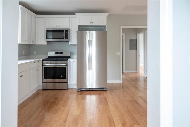 kitchen with stainless steel appliances, white cabinets, light countertops, electric panel, and light wood finished floors