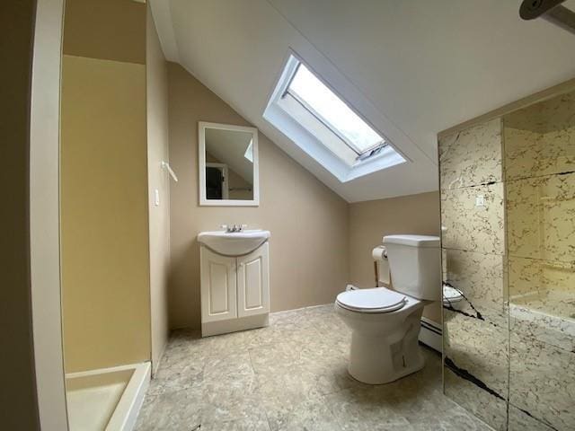 bathroom featuring a baseboard radiator, toilet, lofted ceiling with skylight, vanity, and walk in shower