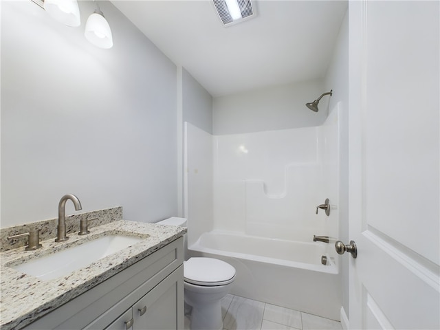 bathroom featuring visible vents, vanity, toilet, and shower / bathtub combination