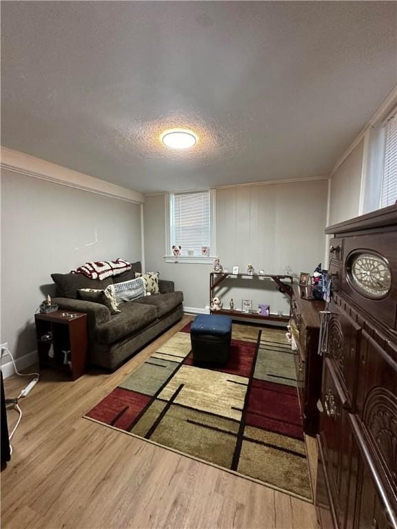 living room featuring baseboards, light wood-style flooring, and a textured ceiling