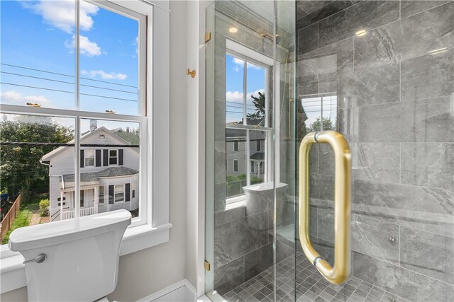 bathroom with plenty of natural light and a shower stall