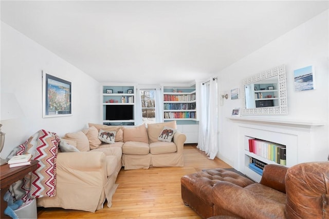 living area featuring light wood finished floors and a glass covered fireplace