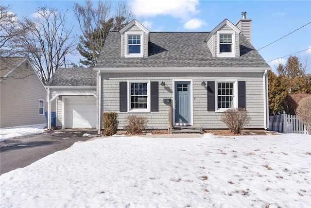 cape cod home with a garage, a chimney, aphalt driveway, and roof with shingles