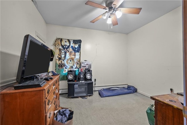 interior space with light carpet, a baseboard radiator, and a ceiling fan