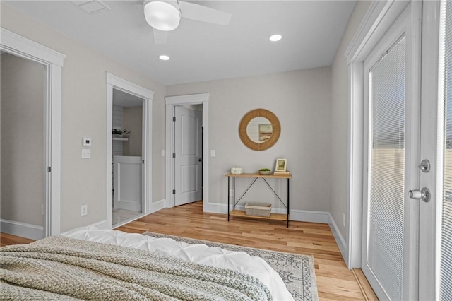 bedroom featuring recessed lighting, ceiling fan, baseboards, and wood finished floors