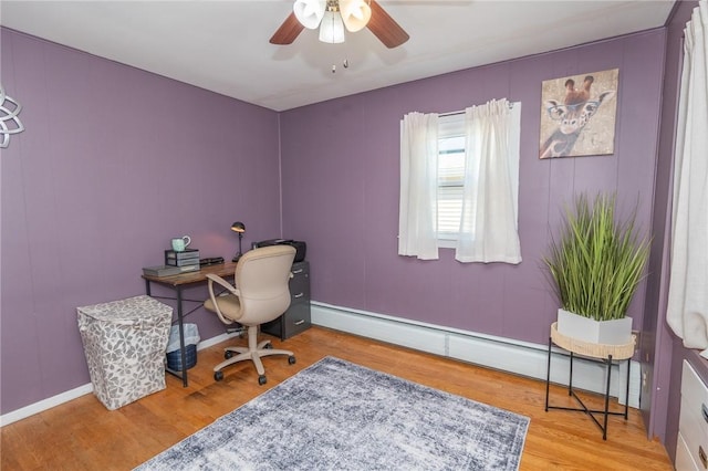 office space with ceiling fan, baseboards, and wood finished floors