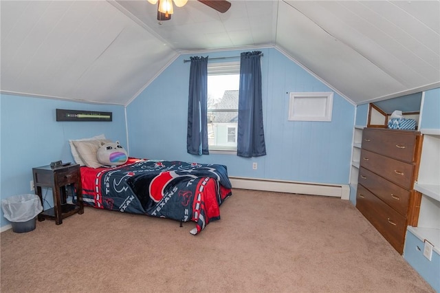 bedroom with light carpet, ceiling fan, a baseboard radiator, and vaulted ceiling