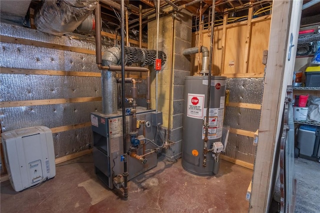 utility room featuring gas water heater and a heating unit