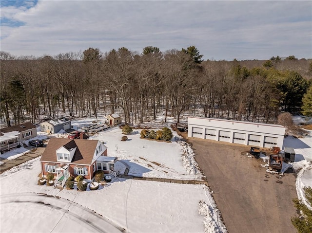 snowy aerial view featuring a view of trees