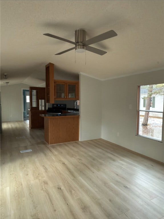 unfurnished living room with lofted ceiling, crown molding, a textured ceiling, light wood-style floors, and a sink