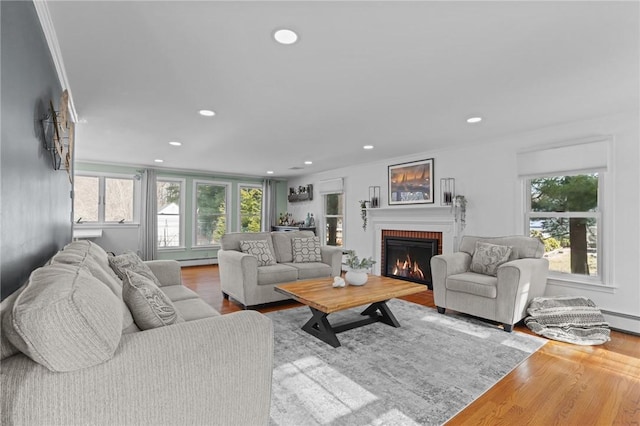 living area featuring a healthy amount of sunlight, a fireplace, wood finished floors, and recessed lighting