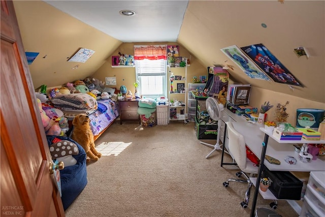 interior space featuring lofted ceiling and carpet