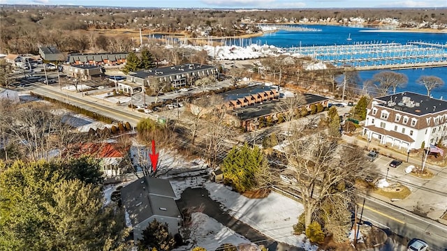 bird's eye view with a water view