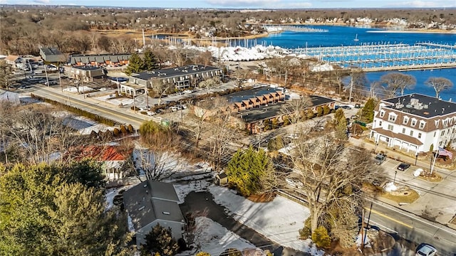 bird's eye view with a water view