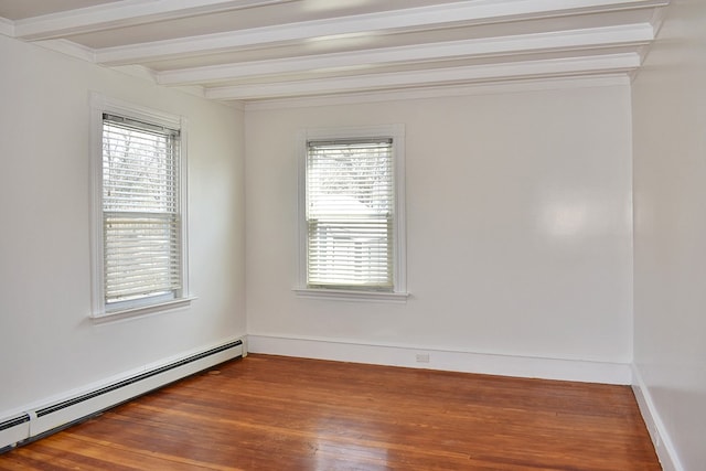 empty room with baseboards, a baseboard heating unit, wood finished floors, and beamed ceiling