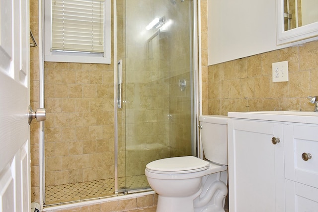 full bathroom with a shower stall, vanity, and toilet