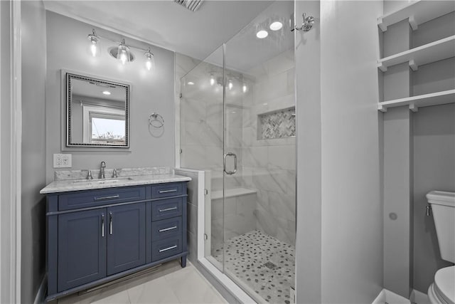 full bathroom with visible vents, a shower stall, toilet, and vanity