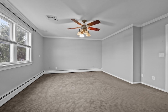 spare room with baseboards, visible vents, a baseboard radiator, dark colored carpet, and crown molding