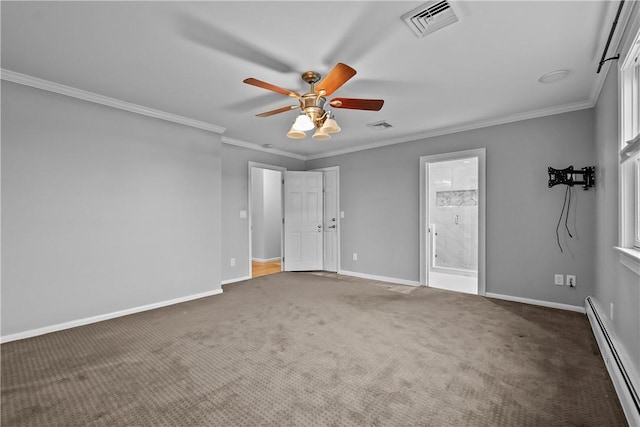 unfurnished bedroom with a baseboard radiator, visible vents, baseboards, dark carpet, and crown molding