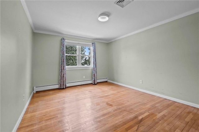 unfurnished room featuring light wood finished floors, baseboards, visible vents, a baseboard radiator, and ornamental molding