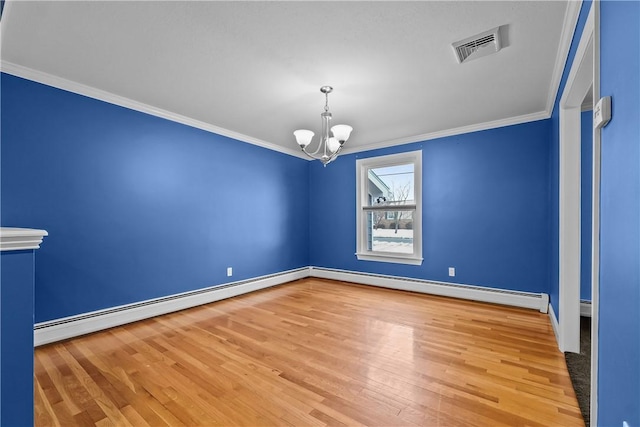 unfurnished room featuring visible vents, a baseboard radiator, ornamental molding, wood finished floors, and an inviting chandelier