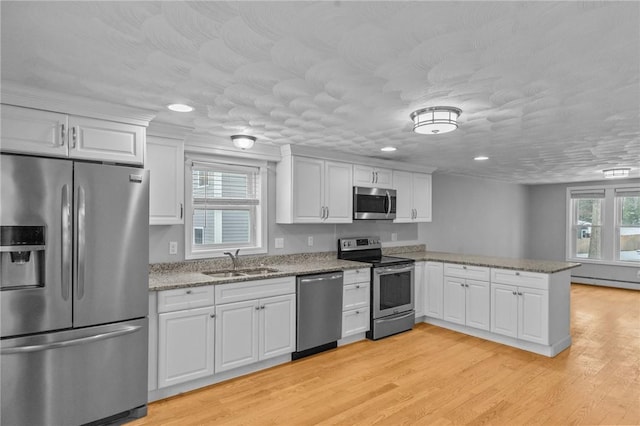 kitchen with light wood finished floors, appliances with stainless steel finishes, white cabinetry, a sink, and a peninsula