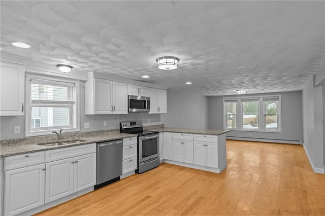 kitchen with stainless steel appliances, a baseboard radiator, white cabinetry, and a sink