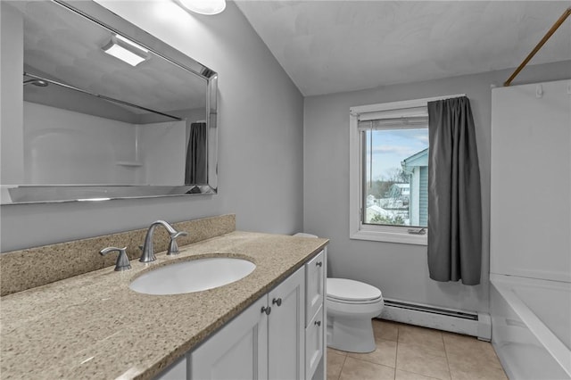 bathroom featuring toilet, a baseboard radiator, tile patterned floors, tub / shower combination, and vanity