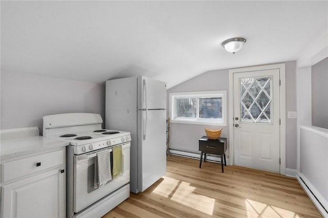 kitchen featuring white appliances, white cabinets, a baseboard radiator, baseboard heating, and light countertops