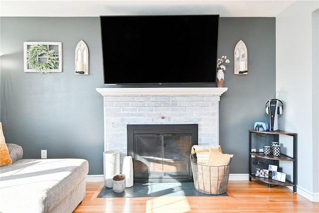 details featuring a fireplace, baseboards, and wood finished floors