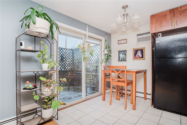 interior space with a chandelier, an AC wall unit, light tile patterned flooring, and baseboard heating