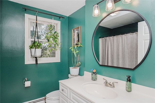 full bath with toilet, a shower with curtain, a baseboard radiator, and vanity