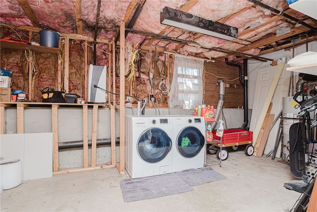 washroom featuring water heater and washing machine and clothes dryer