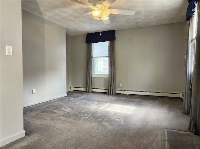 carpeted empty room with ceiling fan, baseboards, and baseboard heating