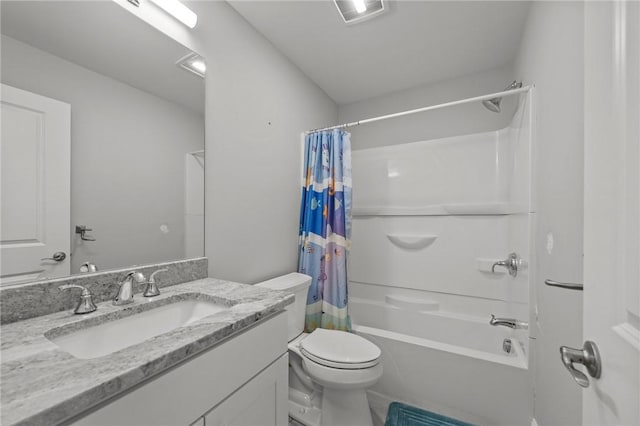 bathroom with shower / bath combination with curtain, visible vents, vanity, and toilet