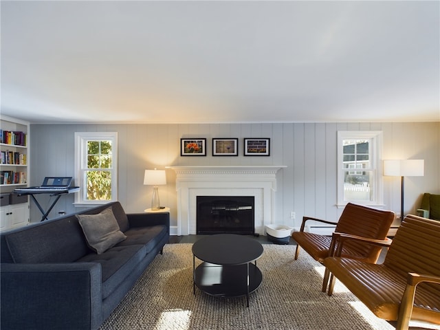 living area featuring a fireplace