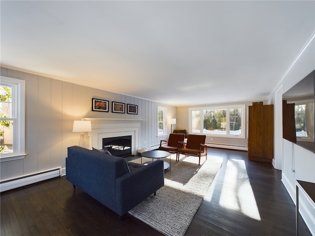 living area featuring a baseboard heating unit, dark wood-style flooring, and a fireplace