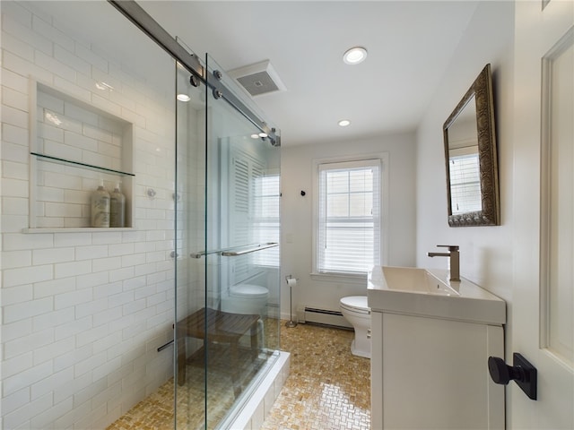 full bathroom featuring a baseboard radiator, visible vents, toilet, a shower stall, and vanity