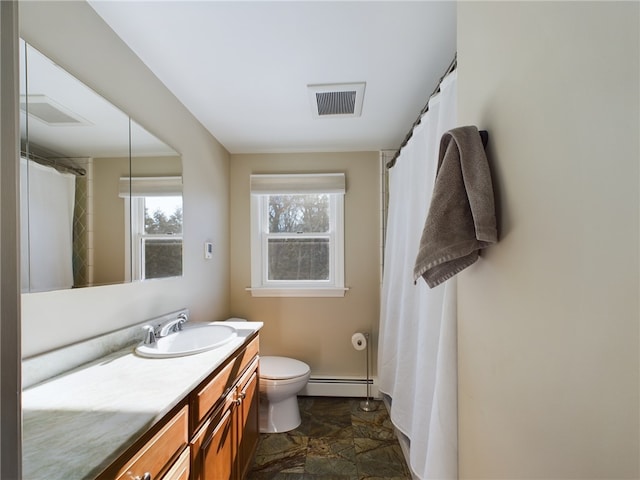 bathroom with visible vents, toilet, a baseboard heating unit, stone finish flooring, and vanity