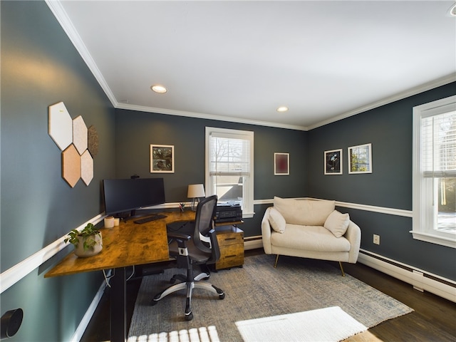 home office featuring baseboards, ornamental molding, baseboard heating, and wood finished floors