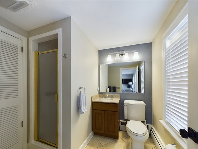 full bath with a baseboard radiator, visible vents, a shower stall, vanity, and tile patterned flooring