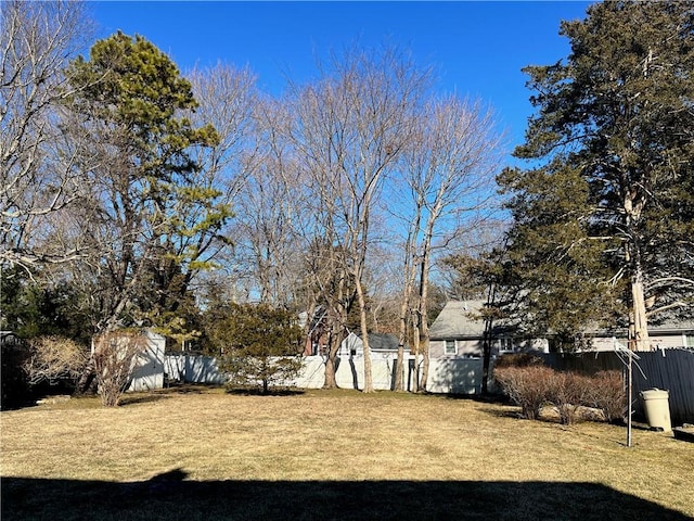 view of yard featuring an outbuilding, a storage unit, and a fenced backyard