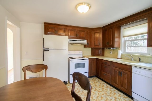 kitchen with white appliances, brown cabinets, light countertops, under cabinet range hood, and a sink