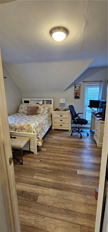 bedroom featuring dark wood-type flooring and lofted ceiling