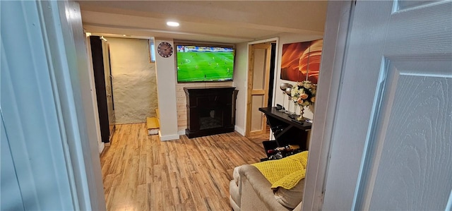 living room featuring light wood-style flooring and a fireplace