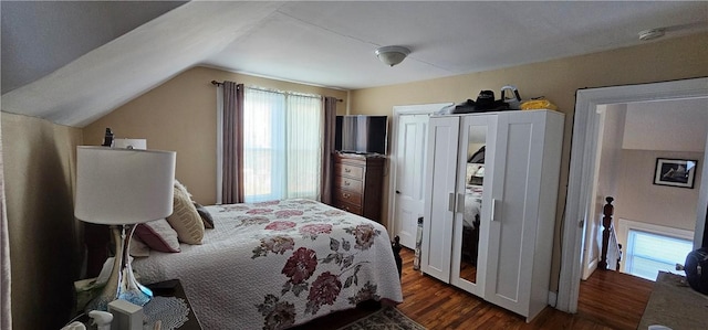 bedroom featuring vaulted ceiling and dark wood finished floors