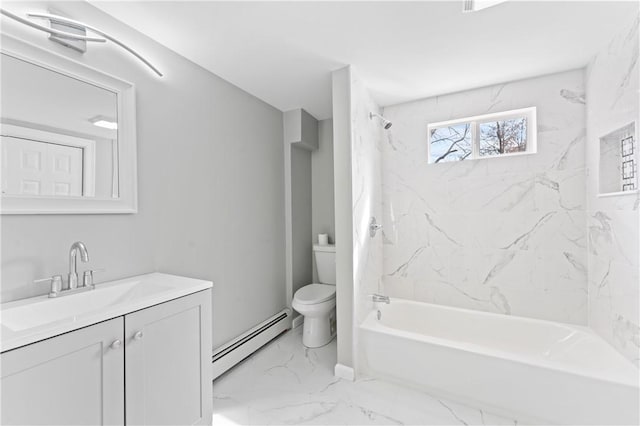 full bathroom with toilet, a baseboard radiator, marble finish floor, vanity, and shower / washtub combination