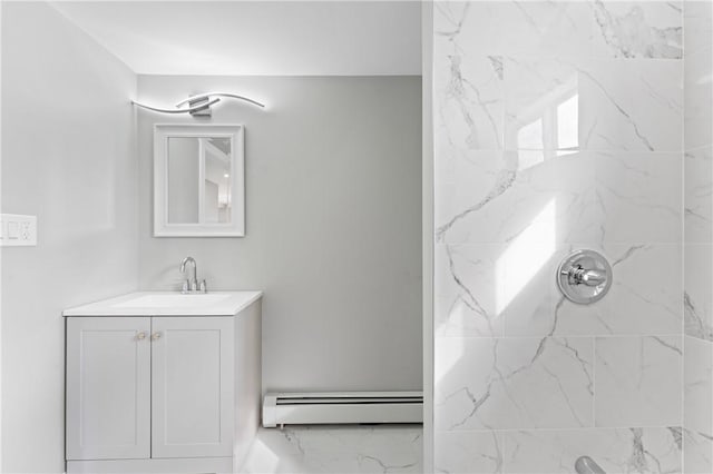 full bathroom featuring a baseboard heating unit, marble finish floor, a shower, and vanity