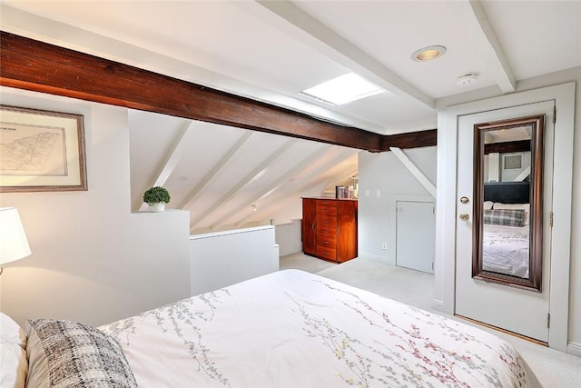 bedroom featuring vaulted ceiling with beams and light colored carpet