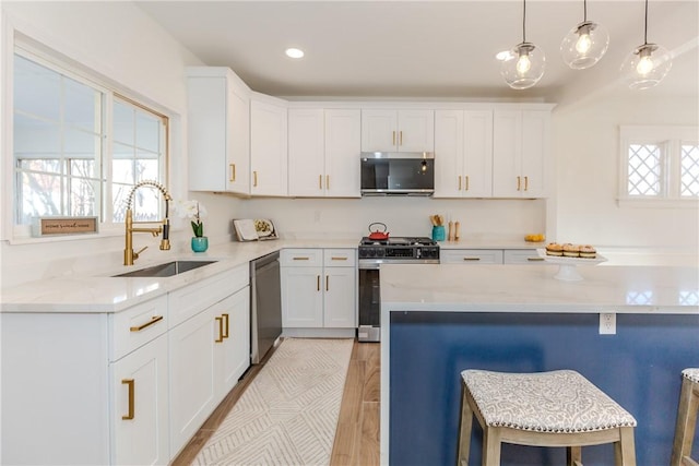 kitchen featuring stainless steel appliances, plenty of natural light, a sink, and a kitchen breakfast bar